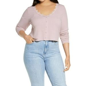 BP Lace Trim Button Front Top In Pink Smoke Size 1X